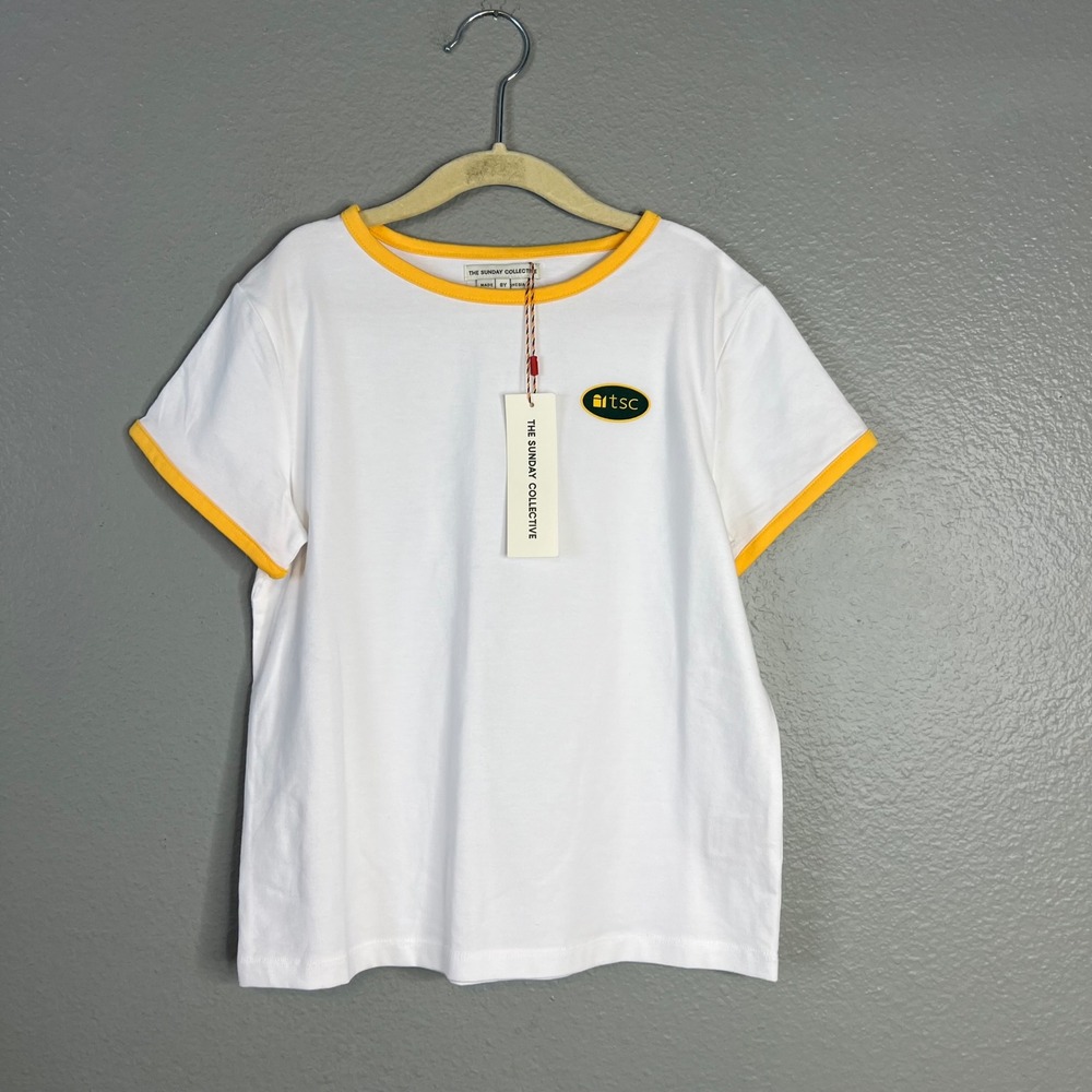 The Sunday Collective Ringer Tee Kids 8Y White Yellow Pima Cotton NWT